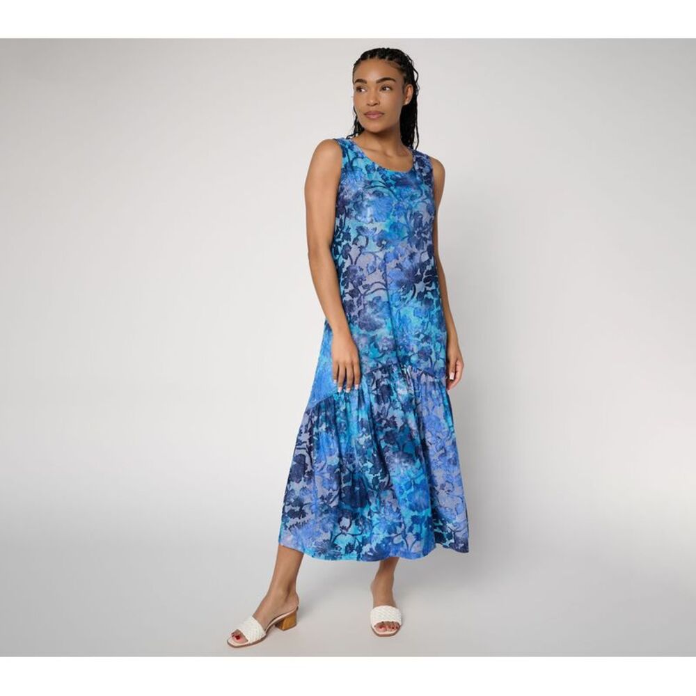 Susan Graver Women's Dress Sz XL Printed Burnout Tiered Sleeveless Blue